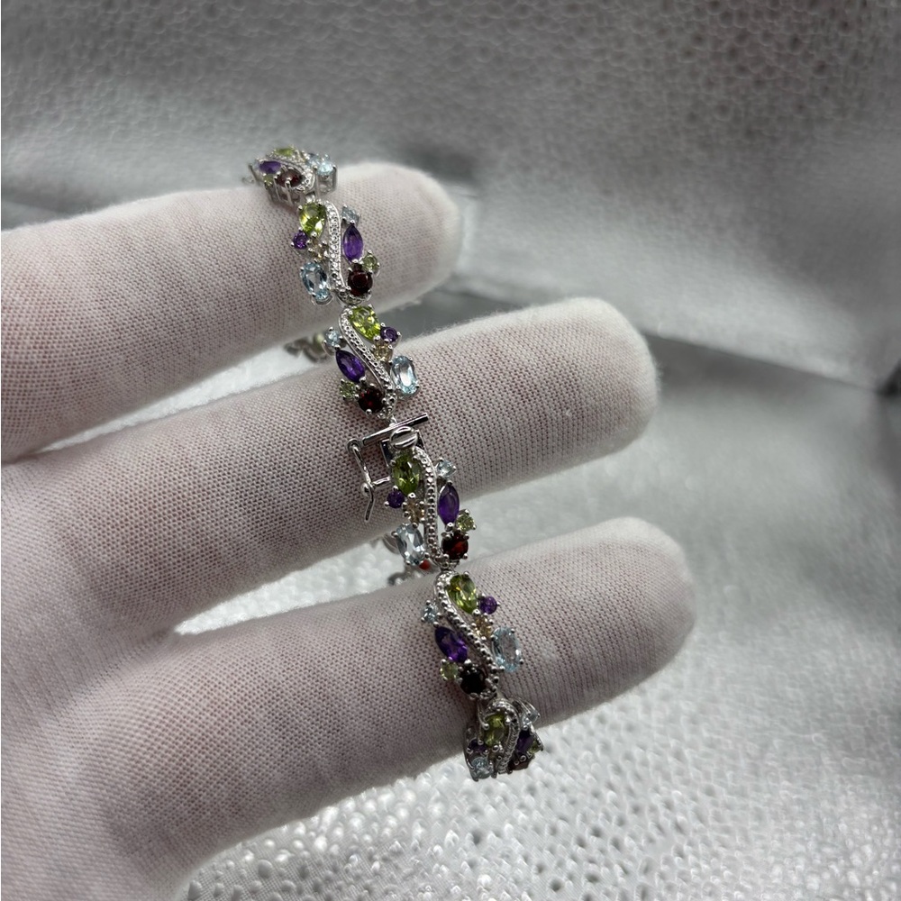 Natural Gem Stones and Natural Diamond Tennis Bracelet on 925 Sterling Silver